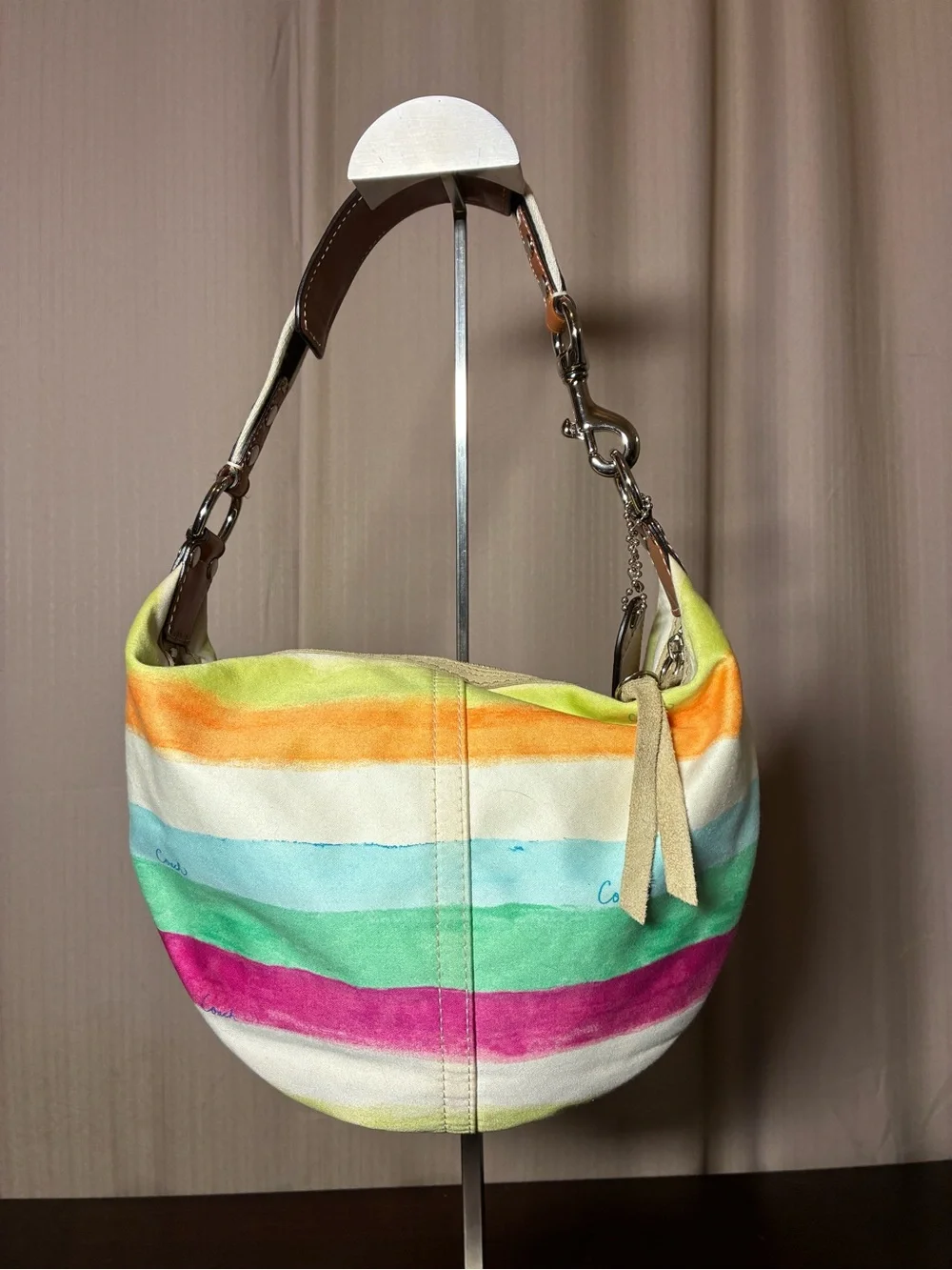 Coach Rainbow Striped Canvas Shoulder Bag with Leather Trim